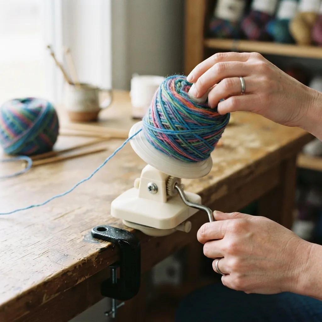 A completed, neatly wound yarn cake being carefully slid off the peg of the yarn winder.