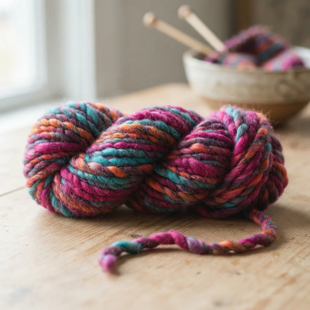 A skein of Loops & Threads Charisma bulky yarn in a vibrant color.