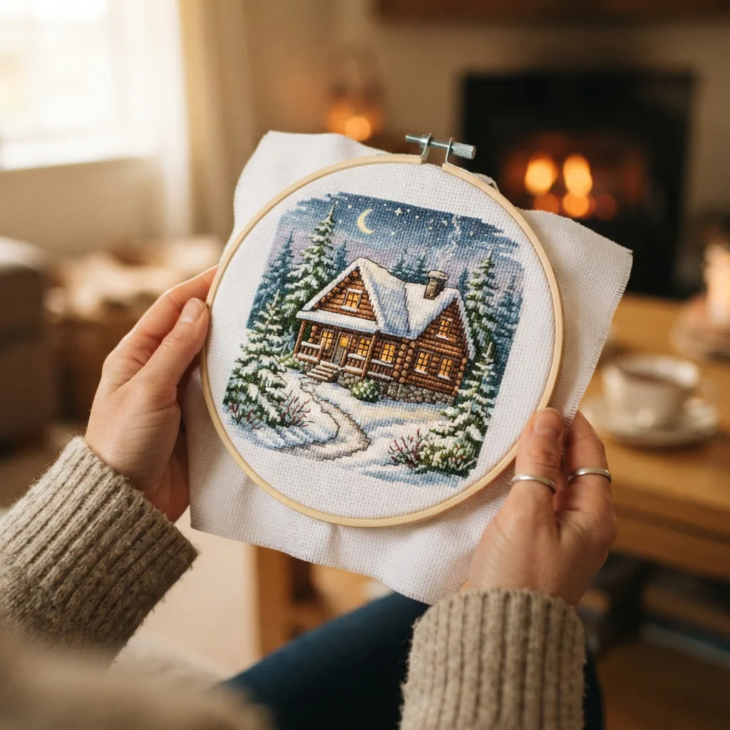 The Winter Cabin counted cross stitch kit by Loops & Threads featuring a cozy snowy scene.