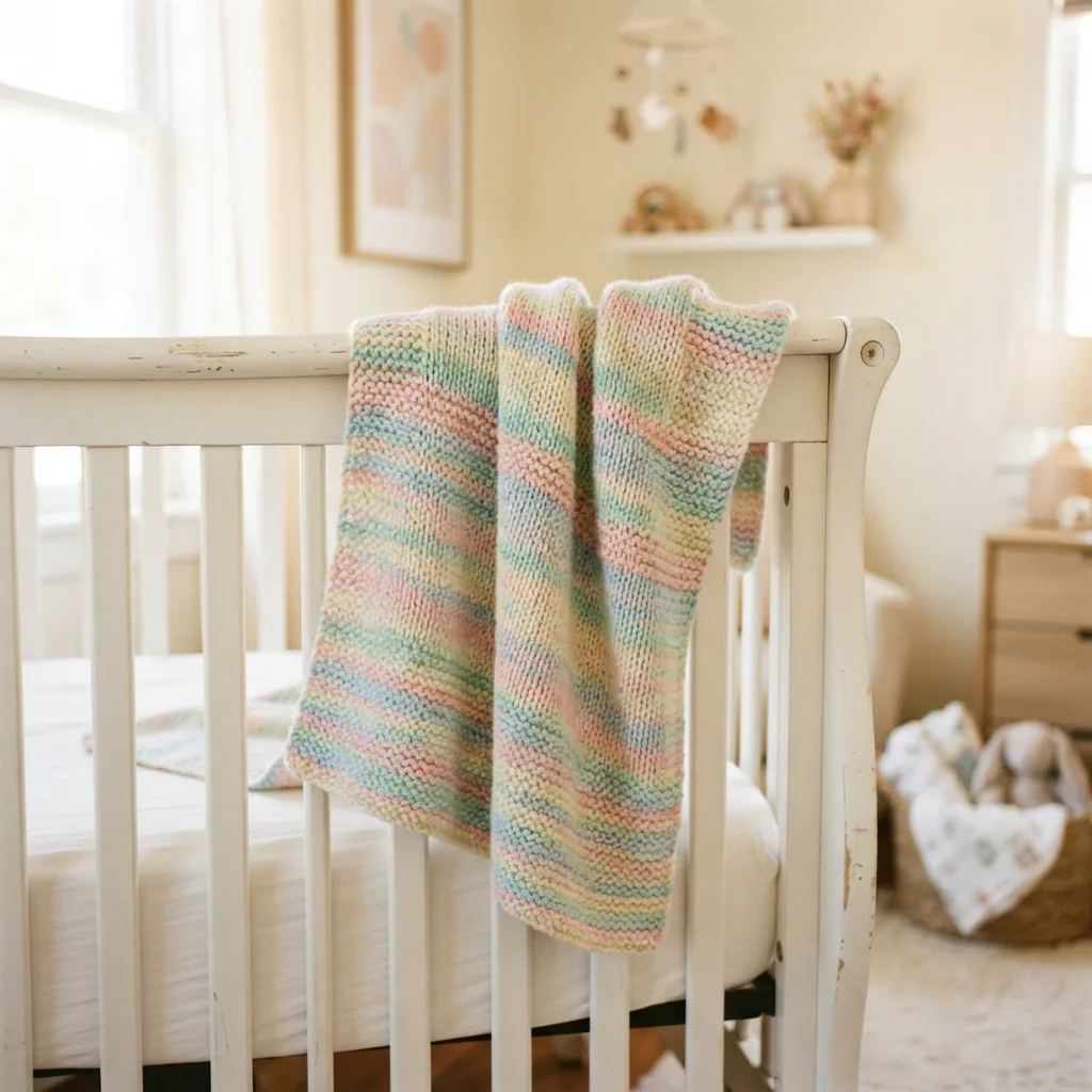A soft, pastel-colored baby blanket knitted with Soft & Shiny yarn.