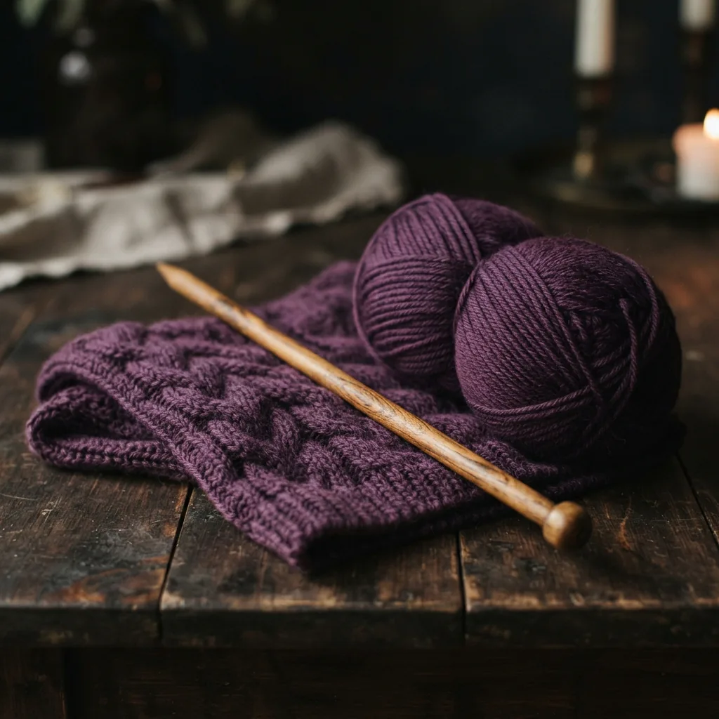 A purple skein of yarn with a purple knitted cowl and a wooden knitting needle.