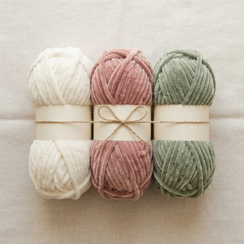 A pillow trio pack showing three skeins of Chenille Home Slim yarn in coordinating colors, arranged together.