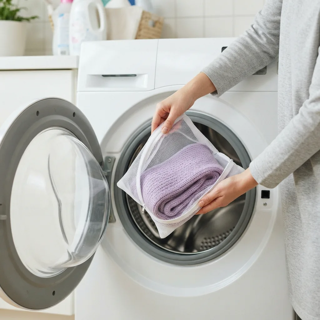 A mesh laundry bag containing a knitted scarf, being placed into a washing machine drum.