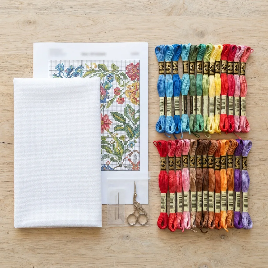 An array of colorful embroidery floss threads neatly organized in a cross stitch kit.