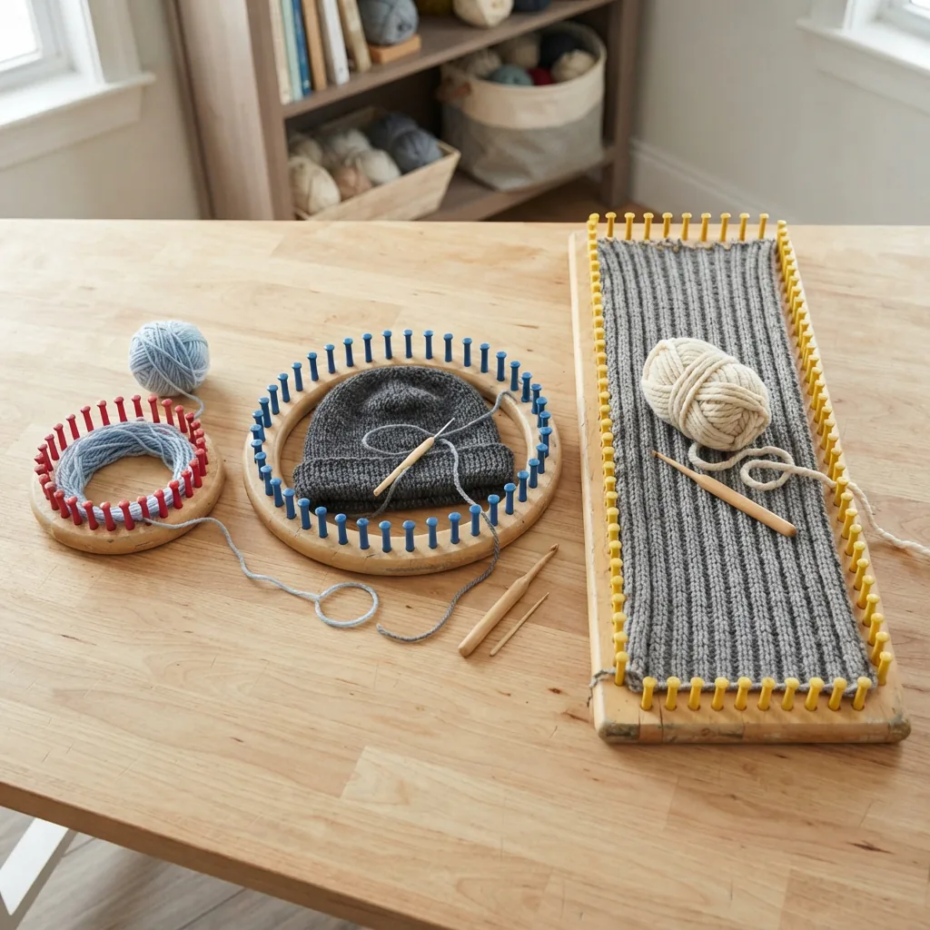 Knitting looms in various sizes laid out side by side.