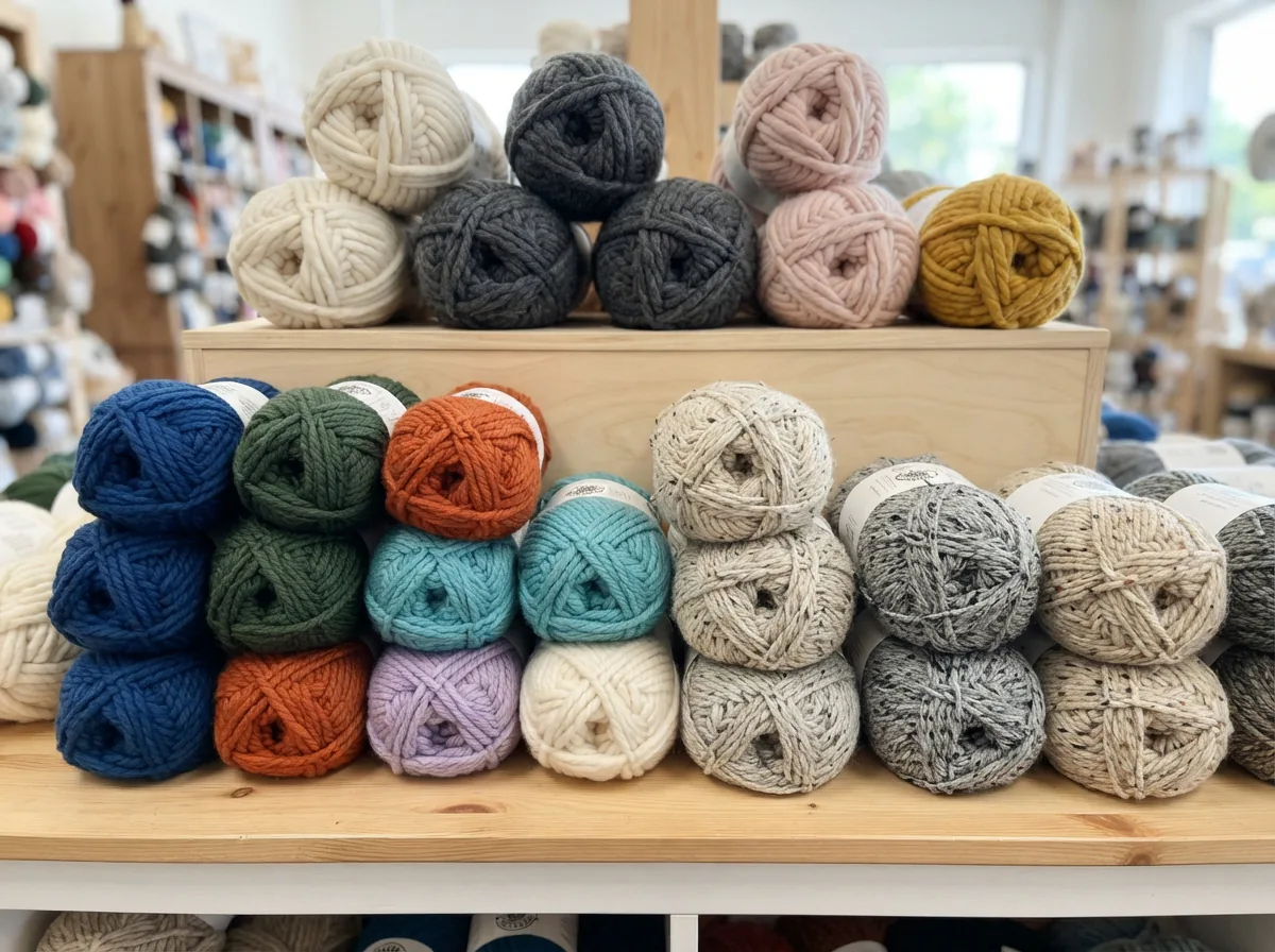 An overview display of different types of chunky yarn skeins.