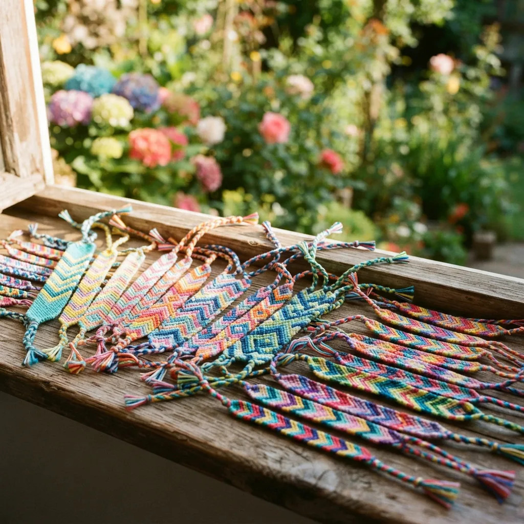 Several finished, colorful friendship bracelets made from woven Loops & Threads embroidery floss.
