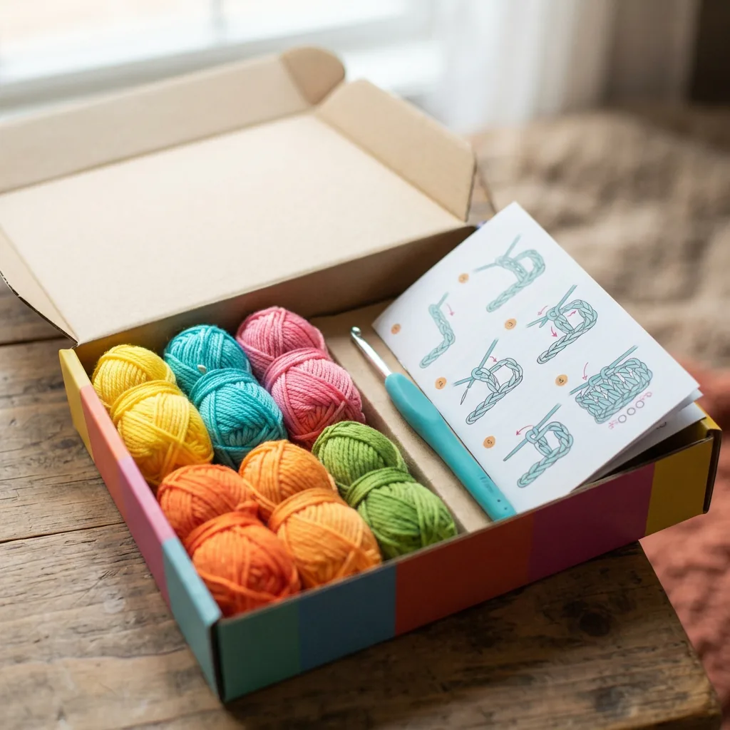 A close-up of a crochet kit's contents showing yarn skeins, a hook, and a printed instruction booklet with diagrams.