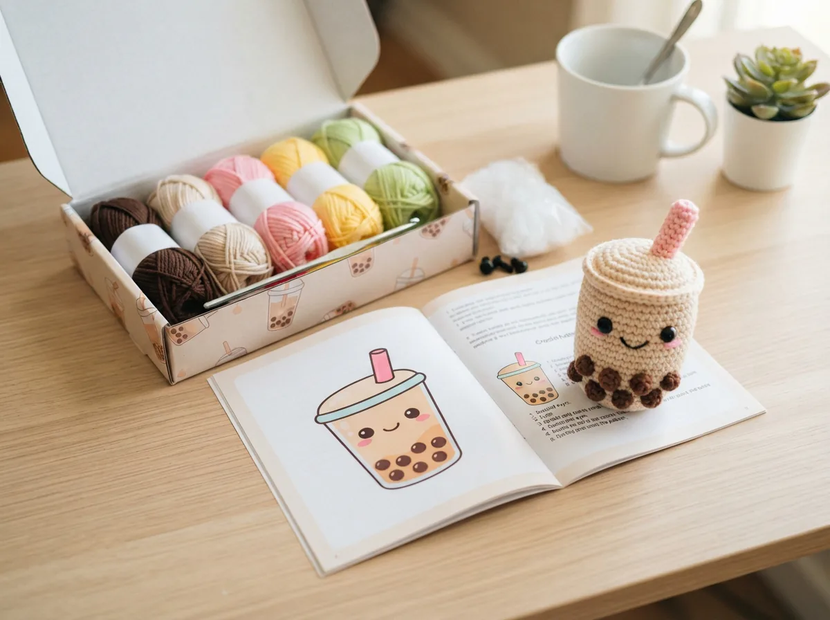 The Loops & Threads Boba Tea Kit with its colorful yarn and pattern showing a boba tea design.