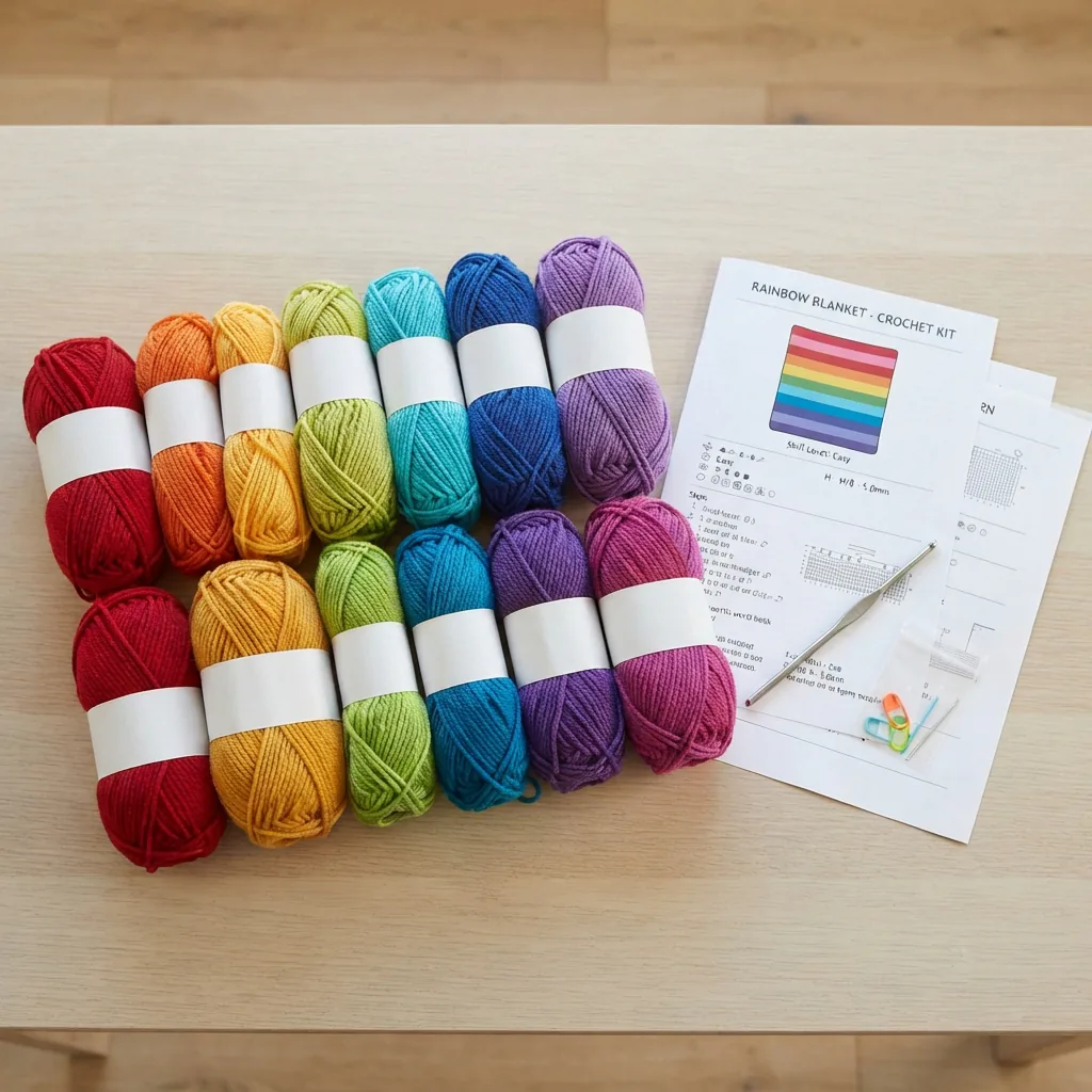 The Loops & Threads Crochet Kit - Rainbow Blanket with its yarn skeins and pattern laid out.