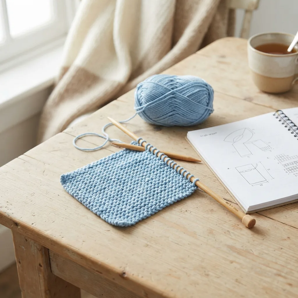 A beginner's simple, first knitted square resting on knitting needles and a pattern book.