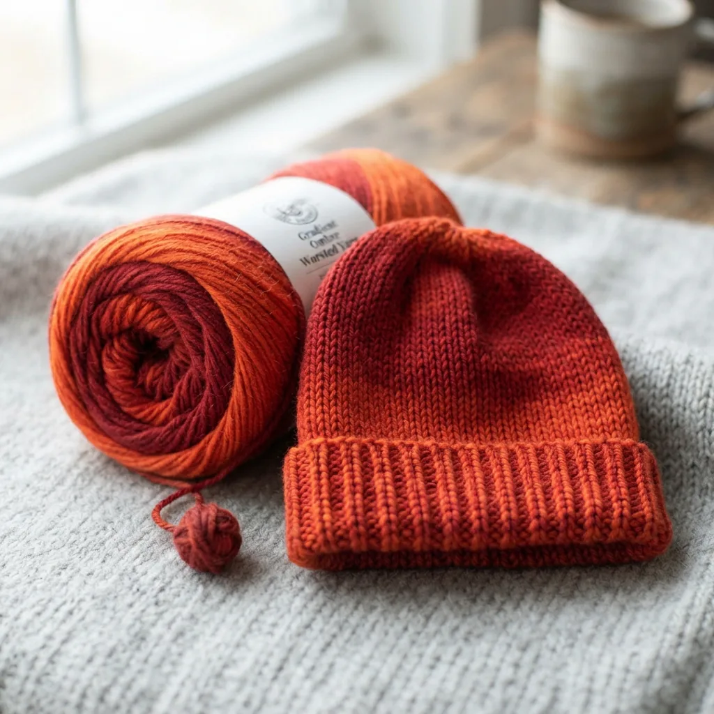 A skein of Loops & Threads Gradient Ombre Worsted Yarn in a red-to-orange gradient, shown with a finished knit hat.