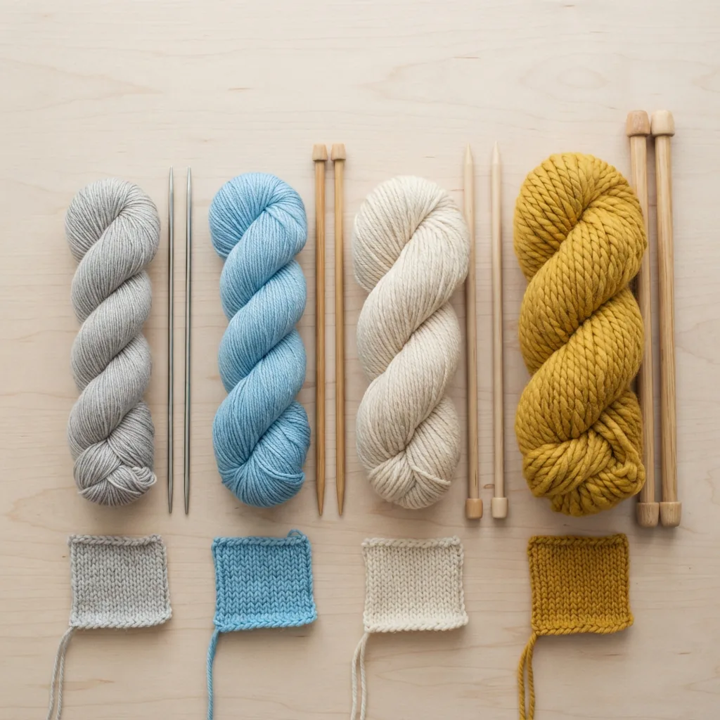 Yarn skeins of varying weights arranged from thin to thick with corresponding knitting needles.