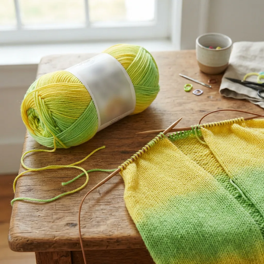 A skein of Loops & Threads Color Bloom Ombre Yarn in a yellow-to-green gradient, displayed with a partially knitted cardigan.