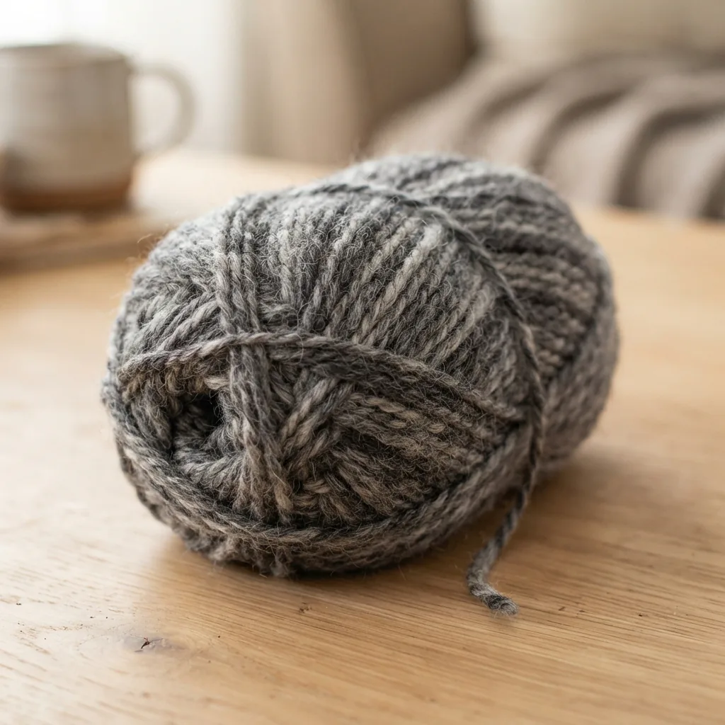 A single skein of Loops & Threads Charisma Yarn in the heathered Ash multicolor colorway.