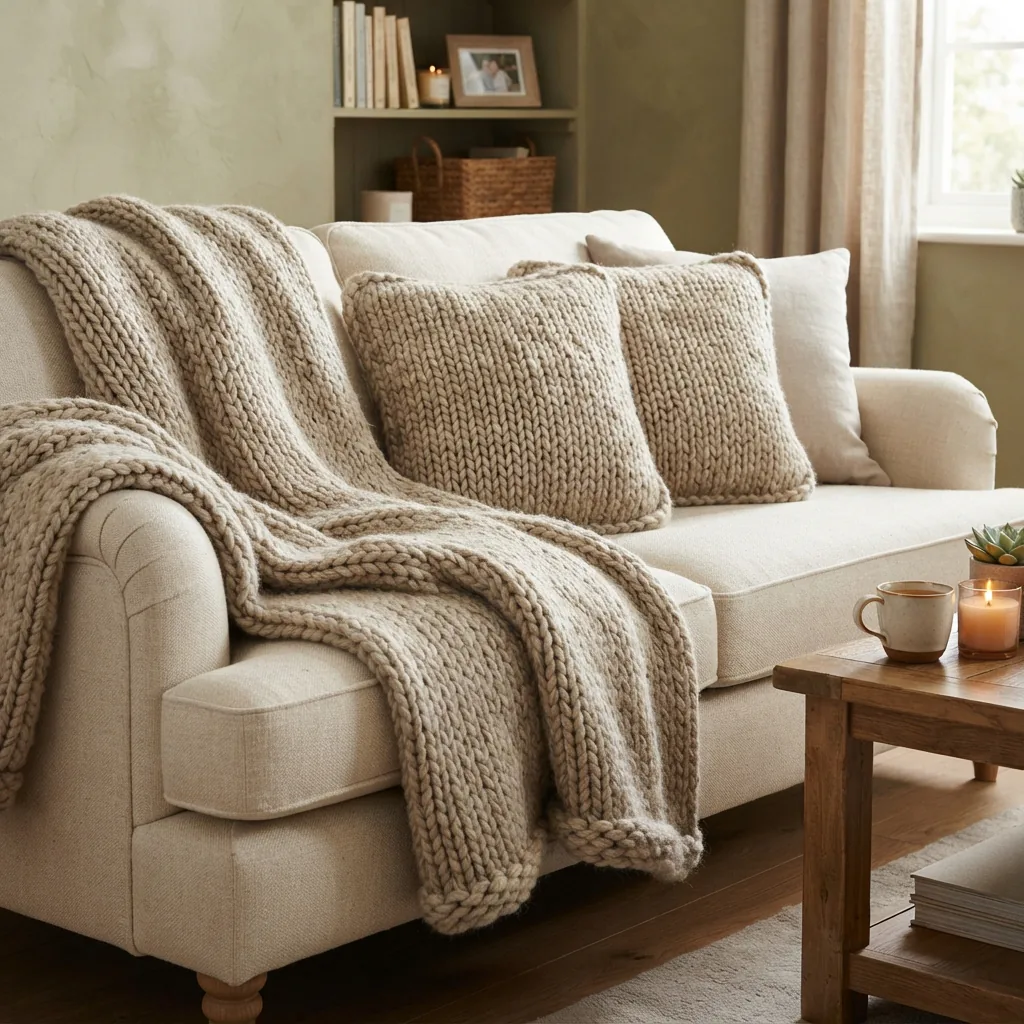 A cozy living room setting with a large, knitted Charisma yarn blanket draped over a sofa and matching pillow covers.