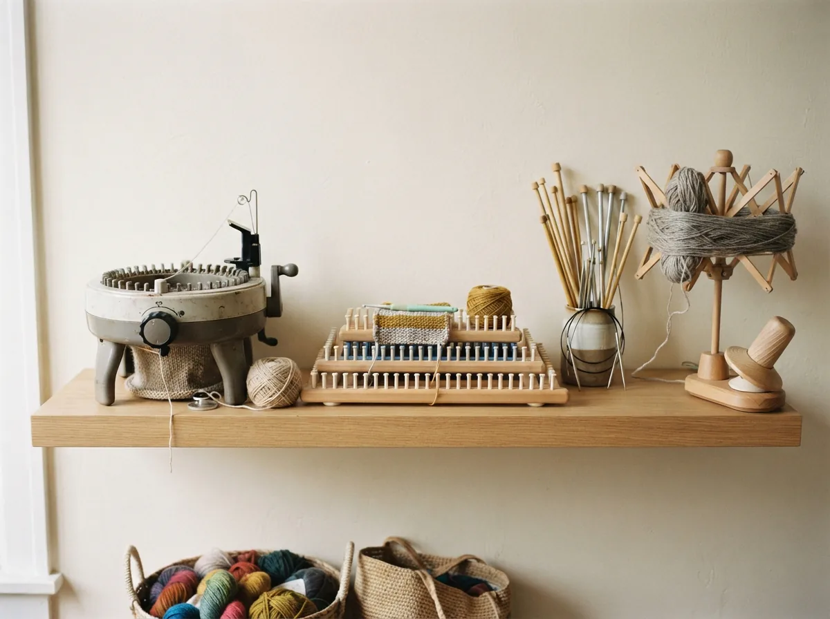 An assortment of different knitting tools, including a circular machine, a flat loom, and hand tools, displayed together.