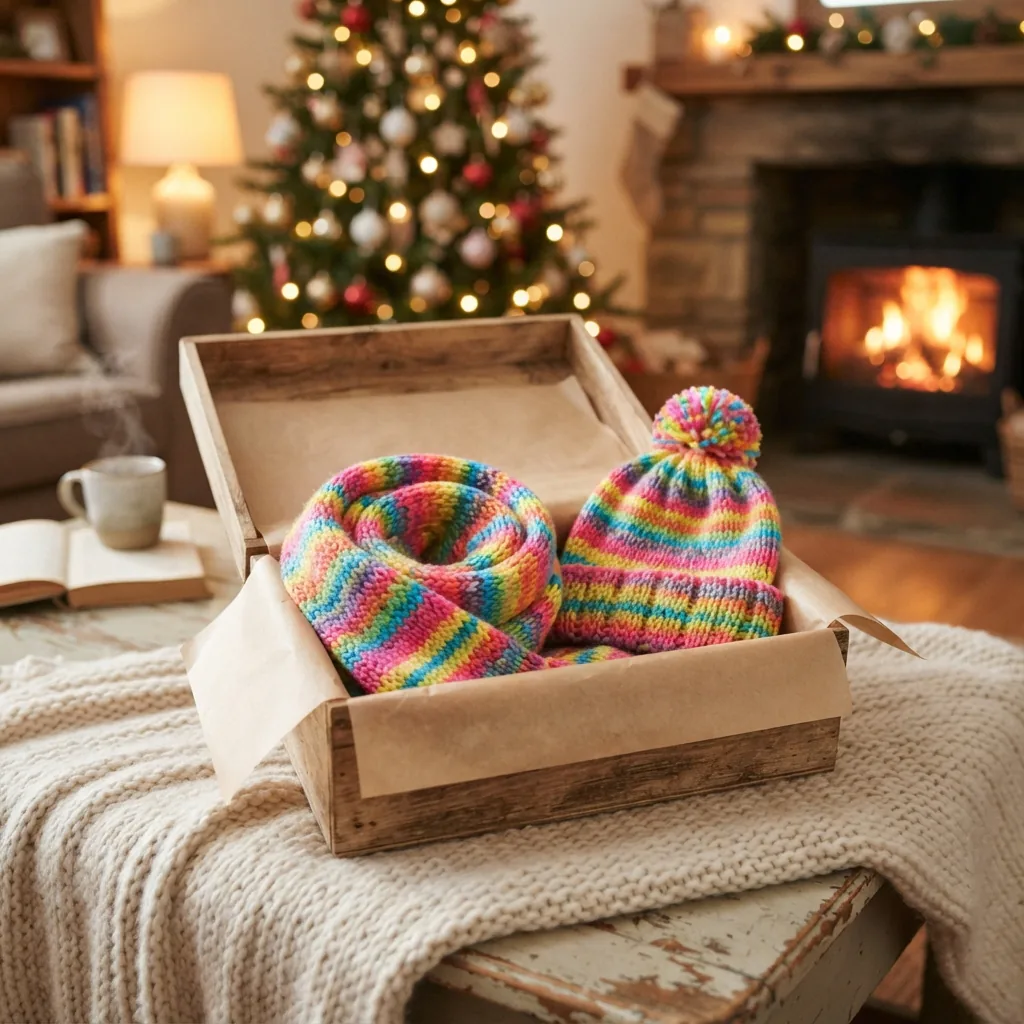 A gift box containing a knitted scarf and hat made from Birthday Cake yarn.