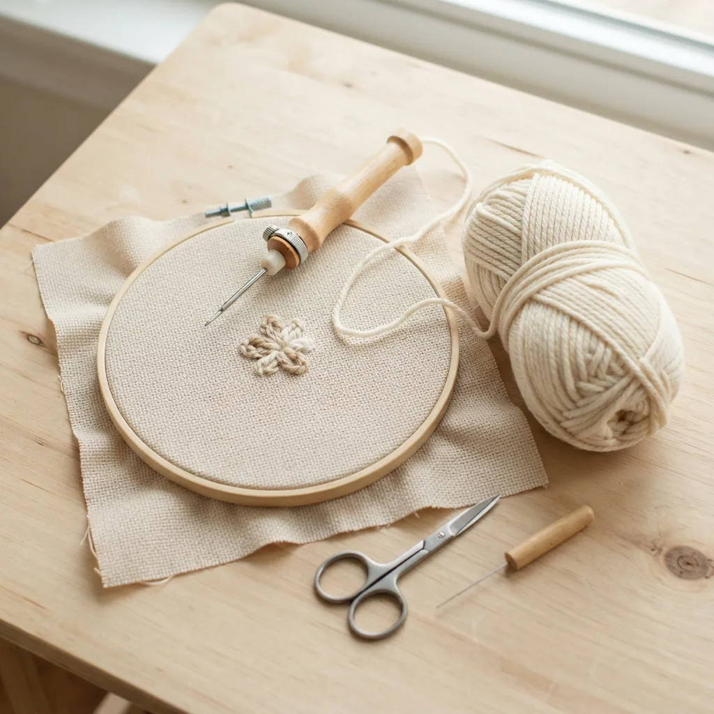 The Loops & Threads Punch Needle Starter Kit components laid out: tool, hoop, and yarn.