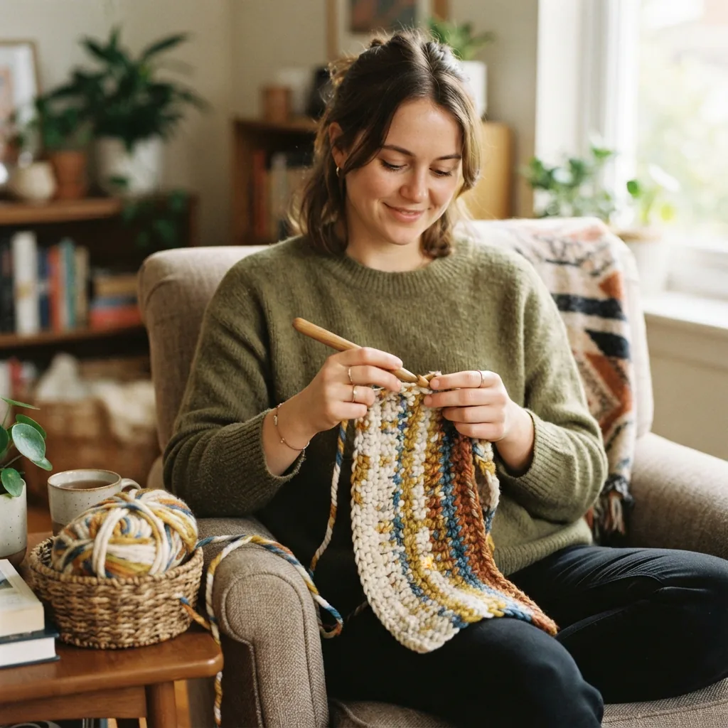 A beginner crocheter smiling while working on a simple project with Twisted Tones yarn.