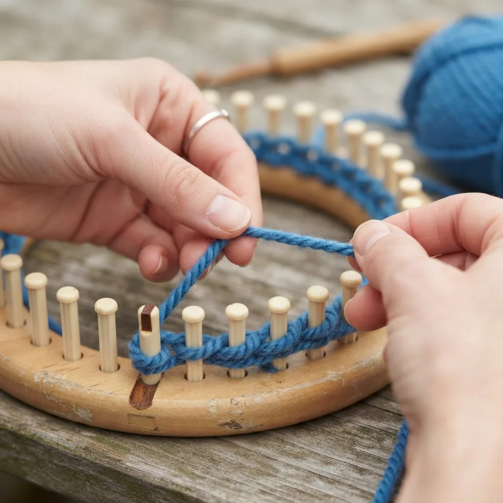 A person's hands wrapping yarn around the pegs of a circular knitting loom to start a project.