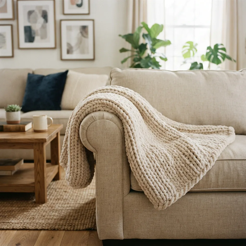 A soft, chunky chenille blanket draped over the arm of a sofa.