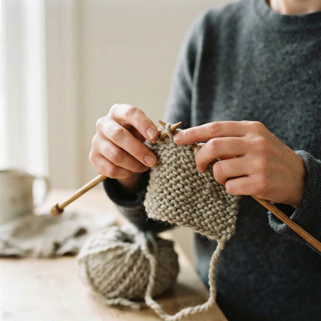 A close-up of knitting needles working through stitches on a bulky yarn swatch, showing a learning process.