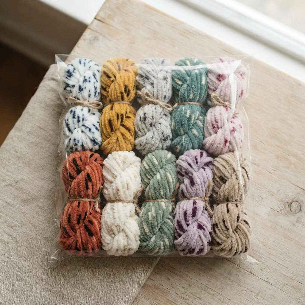 A texture sampler pack with several small skeins of Chenille Home Slim in dashed and speckled color styles.
