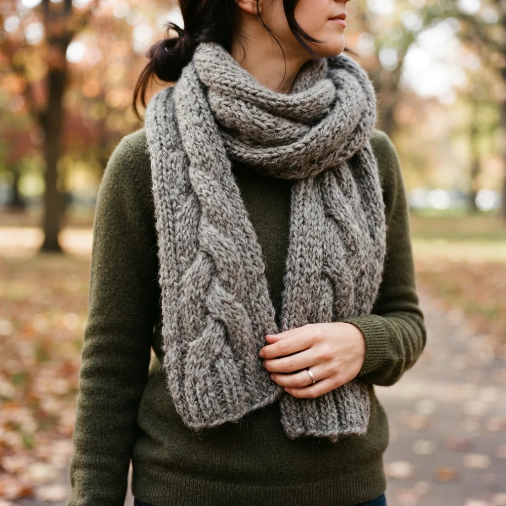 A person wearing a thick, chunky knit scarf in a natural outdoor setting.