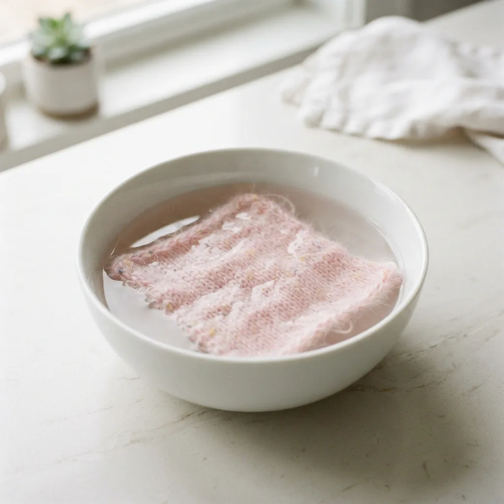 A small, knitted swatch made with pastel pink Brushed Rainbow Yarn being gently washed in a bowl.