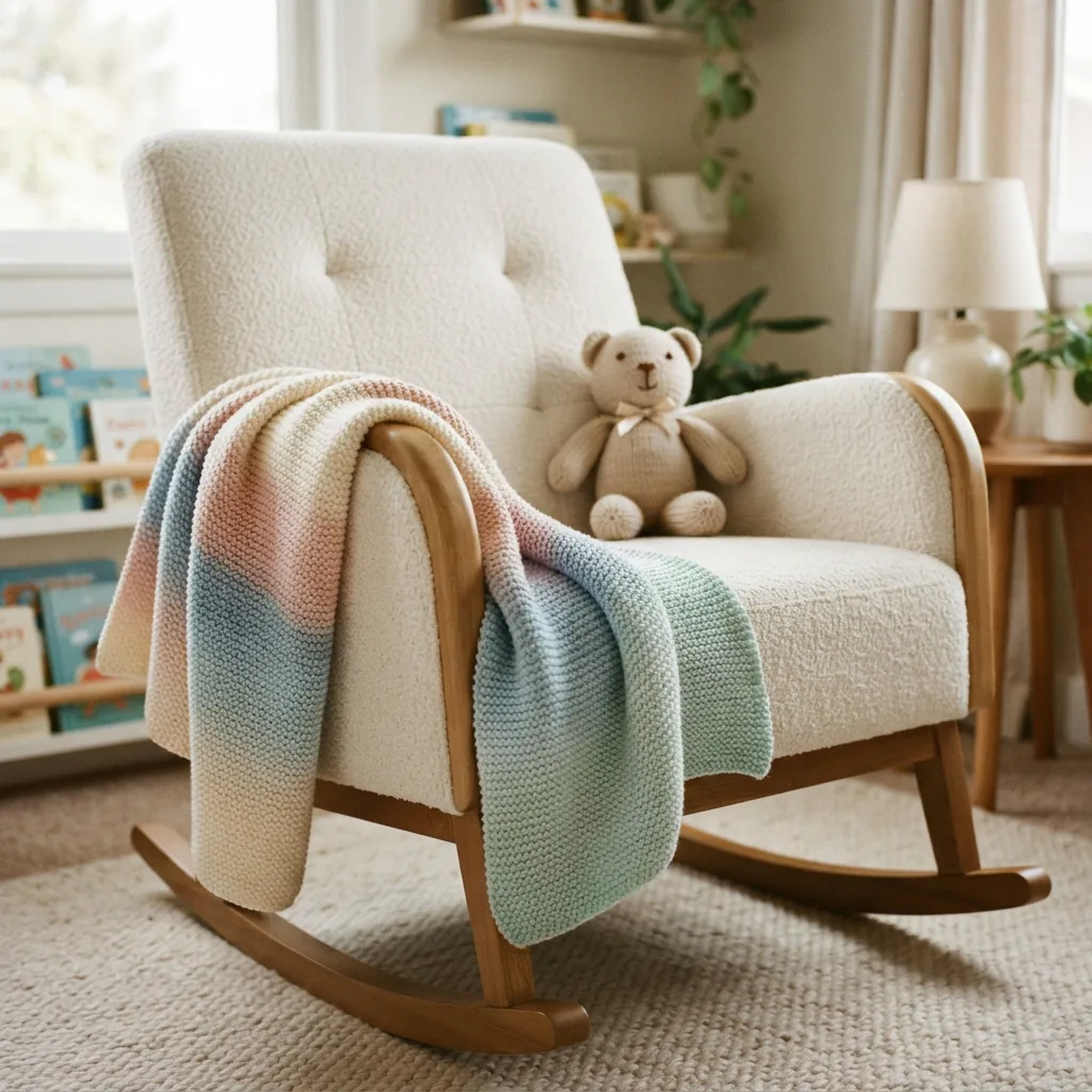 A colorful ombre baby blanket draped over the arm of a nursery chair.
