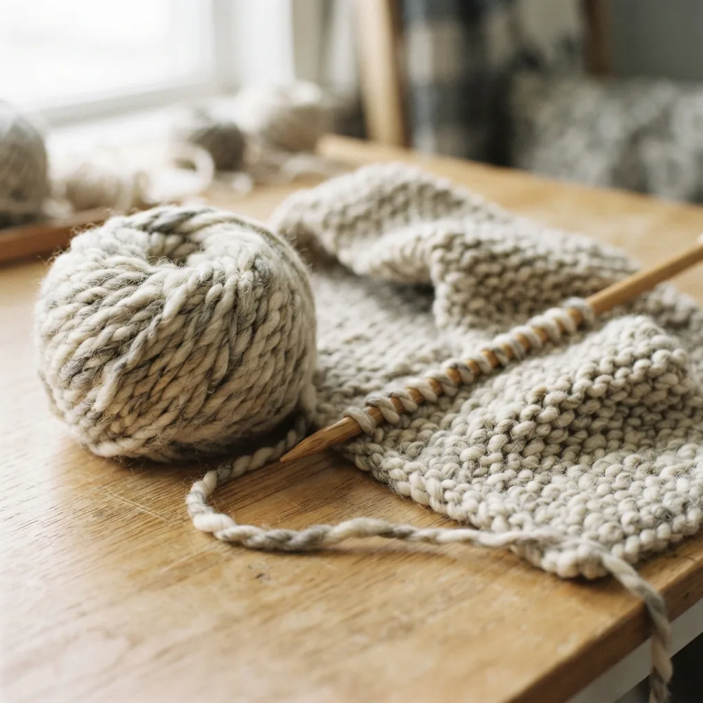 A skein of bulky Charisma yarn next to a finished scarf showing its thick texture and quick stitch definition.