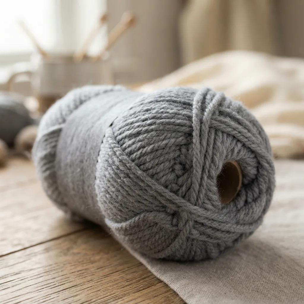 A popular skein of Loops & Threads Snuggly Wuggly Yarn in gray acrylic.