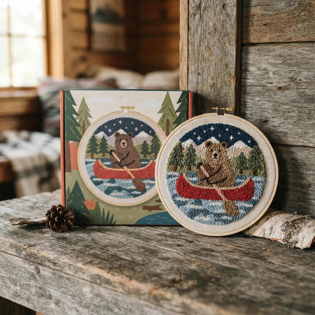 The Loops and Threads Punch Needle Kit for the Canoe Bear design, with the finished, rustic-style project displayed nearby.