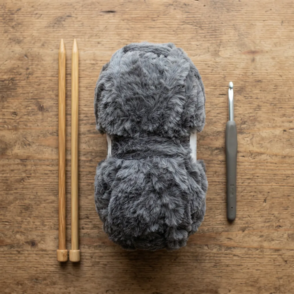 A pair of knitting needles and a crochet hook next to the gray faux fur yarn.