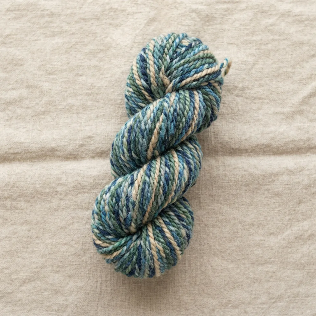 A skein of Loops & Threads Multi Marled yarn in the Coastal Cabin color blend, displayed against a neutral background.