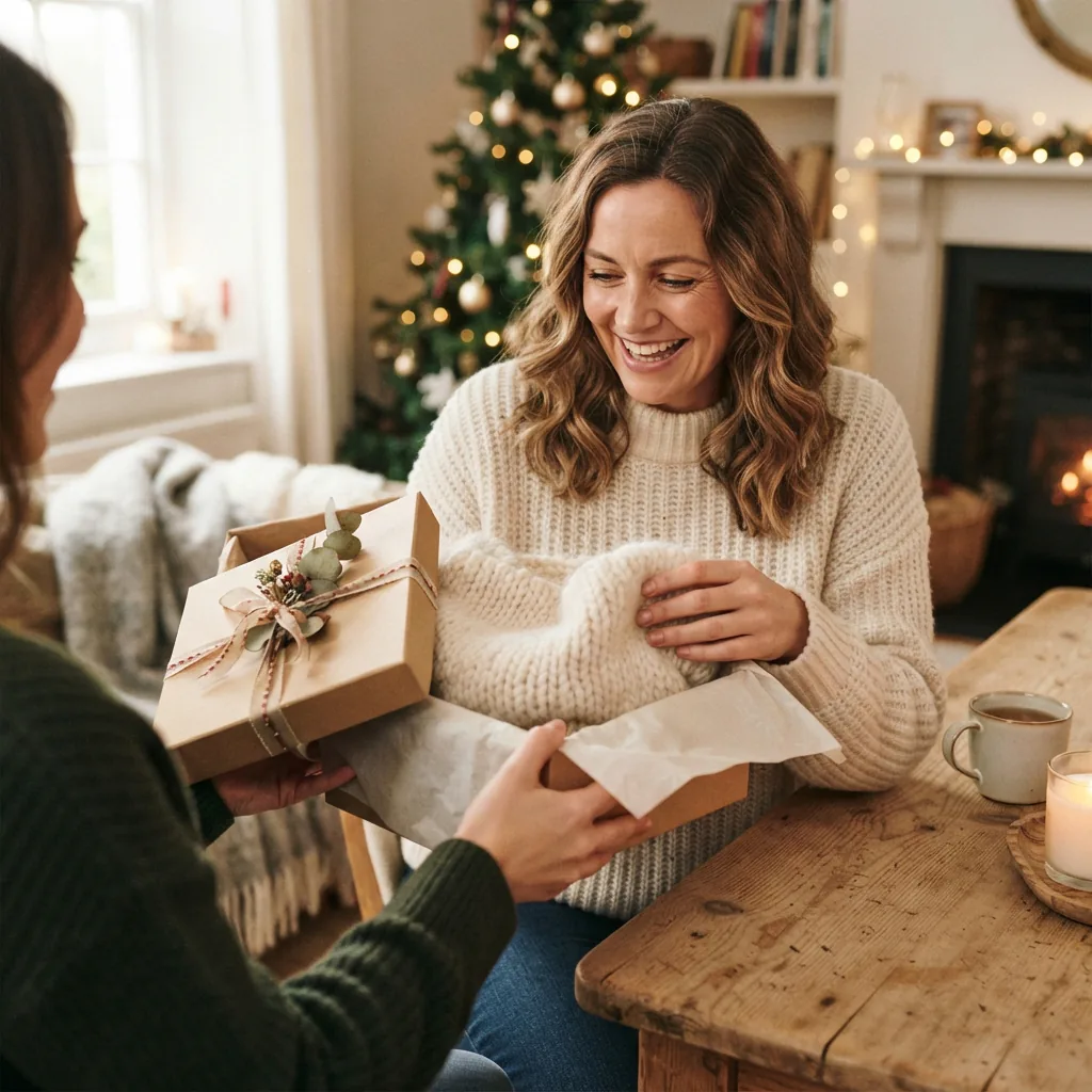 A person handing a gift box containing a chunky, hand-knitted cowl to a smiling friend.