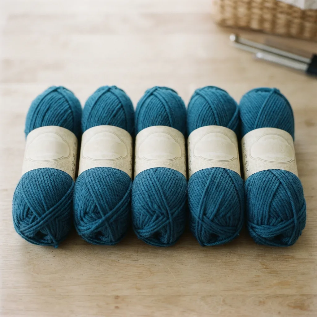 Multiple skeins of the same color yarn lined up, showing dye lot labels.