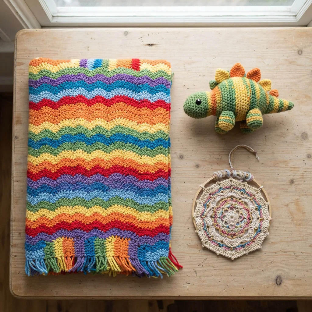 A flat-lay display of different finished crochet projects: a scarf, a small stuffed animal, and a wall hanging.