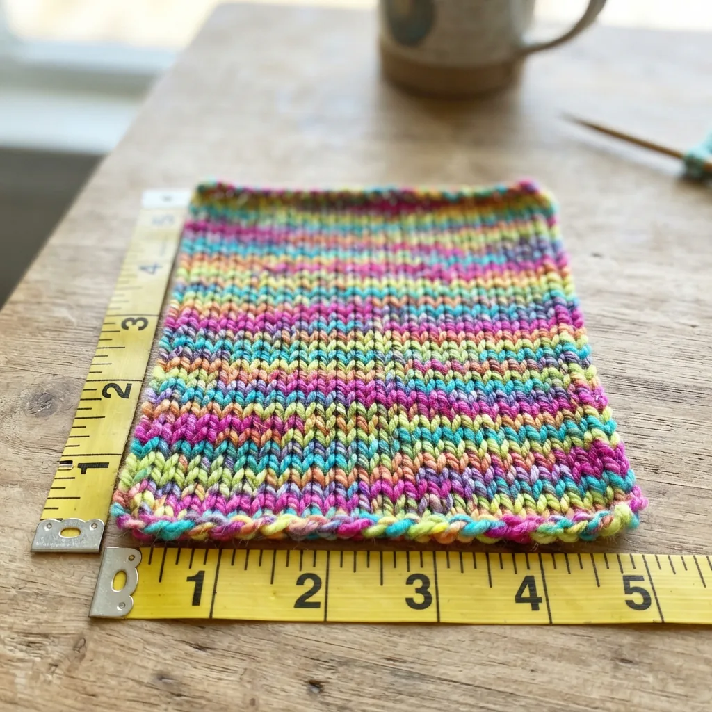 A knitted gauge swatch made from Birthday Cake Carousel Twist Yarn with a measuring tape.