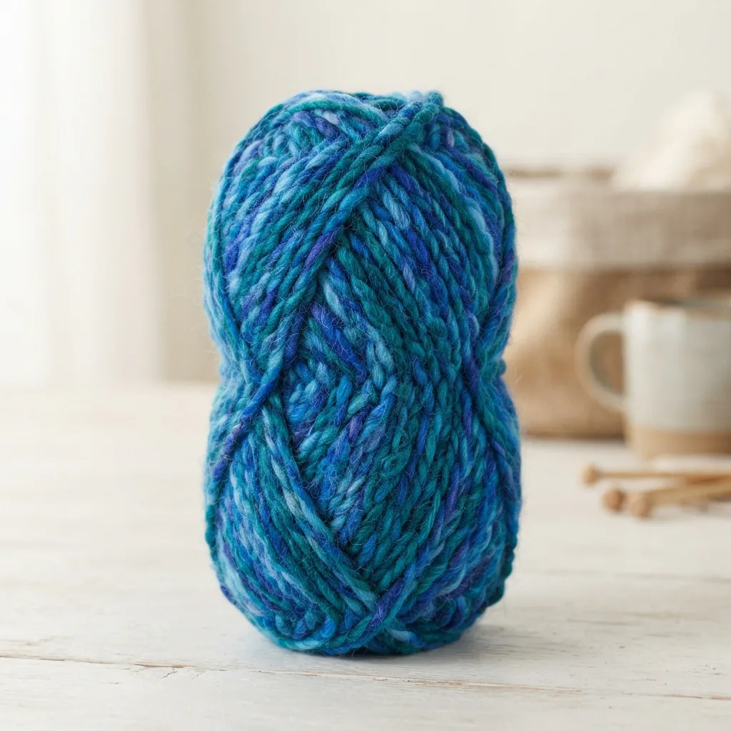 A single skein of Loops & Threads Charisma Yarn in the vibrant Electric Blue multicolor colorway.