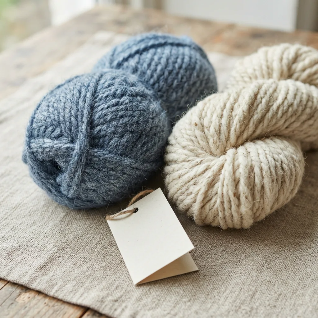Two balls of yarn, one labeled as acrylic blend and the other as a different fiber blend, placed near a care instruction tag.