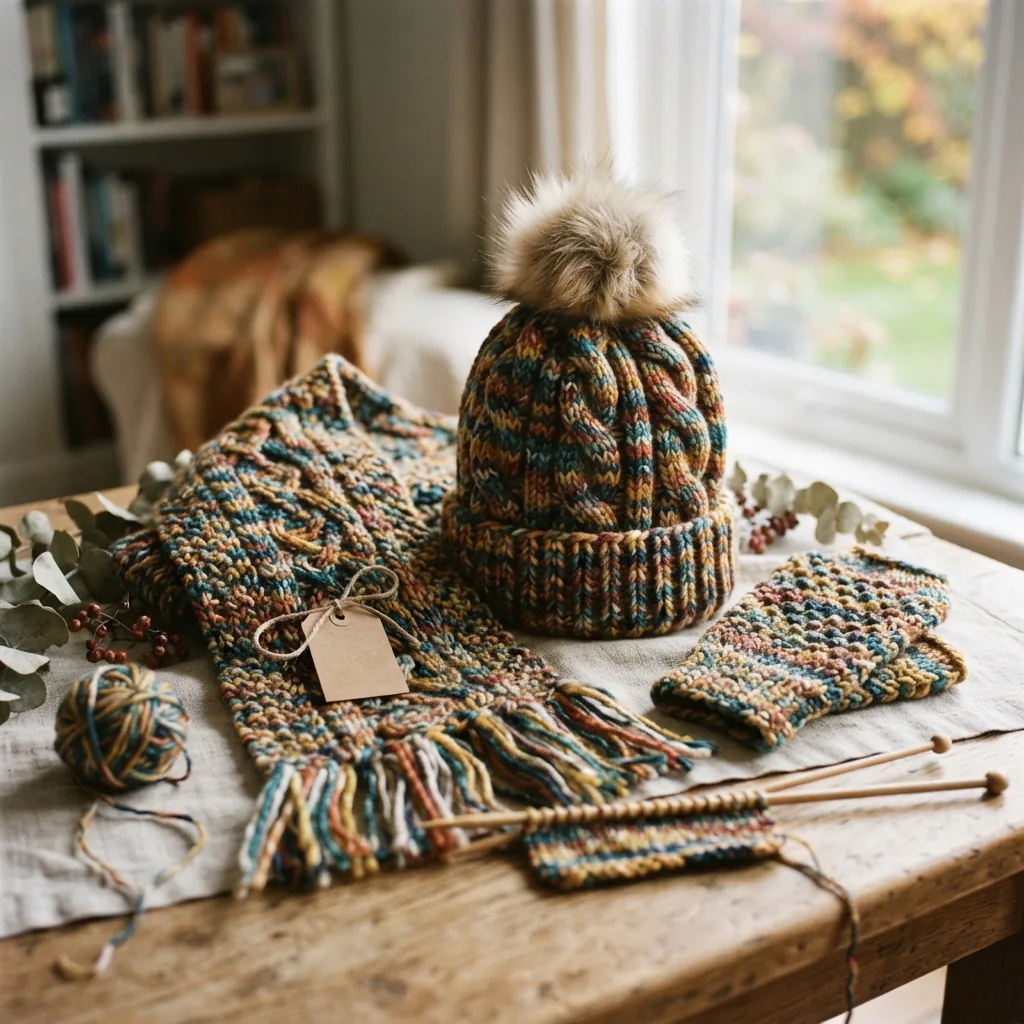 A collection of handmade knitted hats and scarves in various colors.