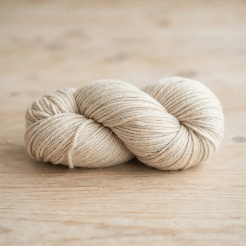 Skein of Cozy Wool yarn in a neutral color.