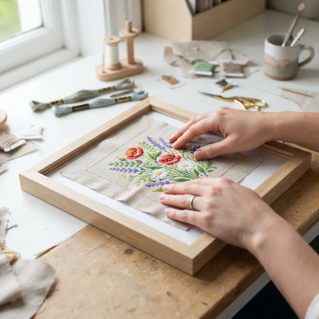 A finished cross stitch piece being placed into a simple wooden frame.