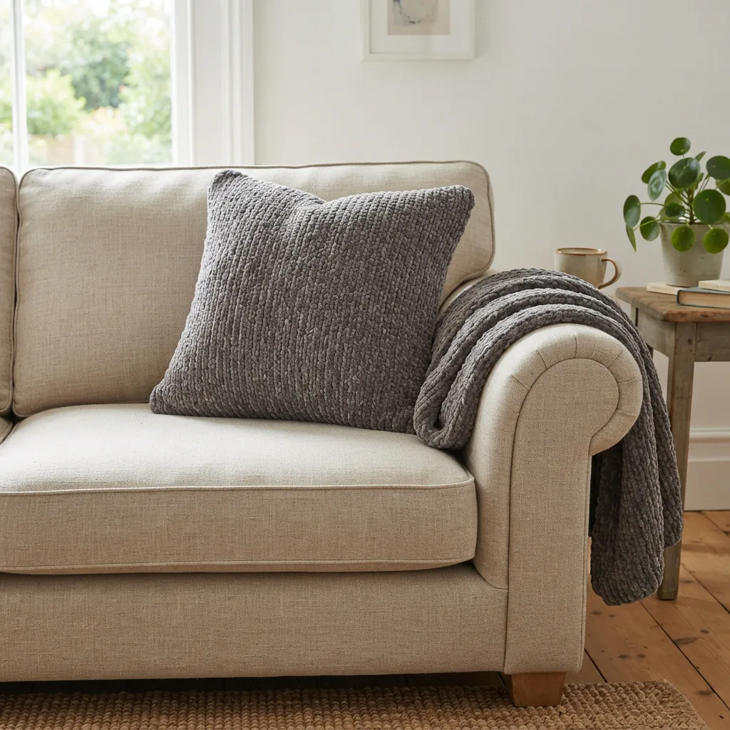 A chenille yarn throw pillow on a neutral-colored sofa, with a matching blanket draped over the arm.
