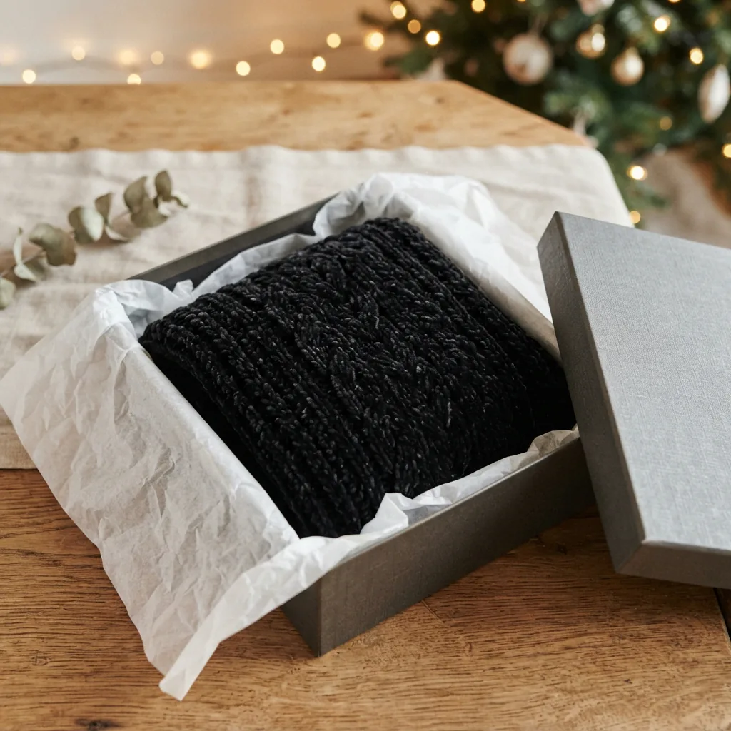 A beautifully knitted black scarf is folded and placed inside a gift box with tissue paper.