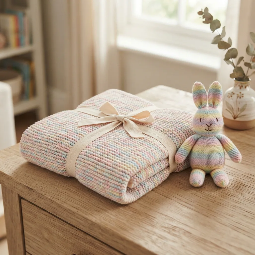 A handmade knitted baby blanket made from Crème Cotton yarn, neatly folded as a gift.