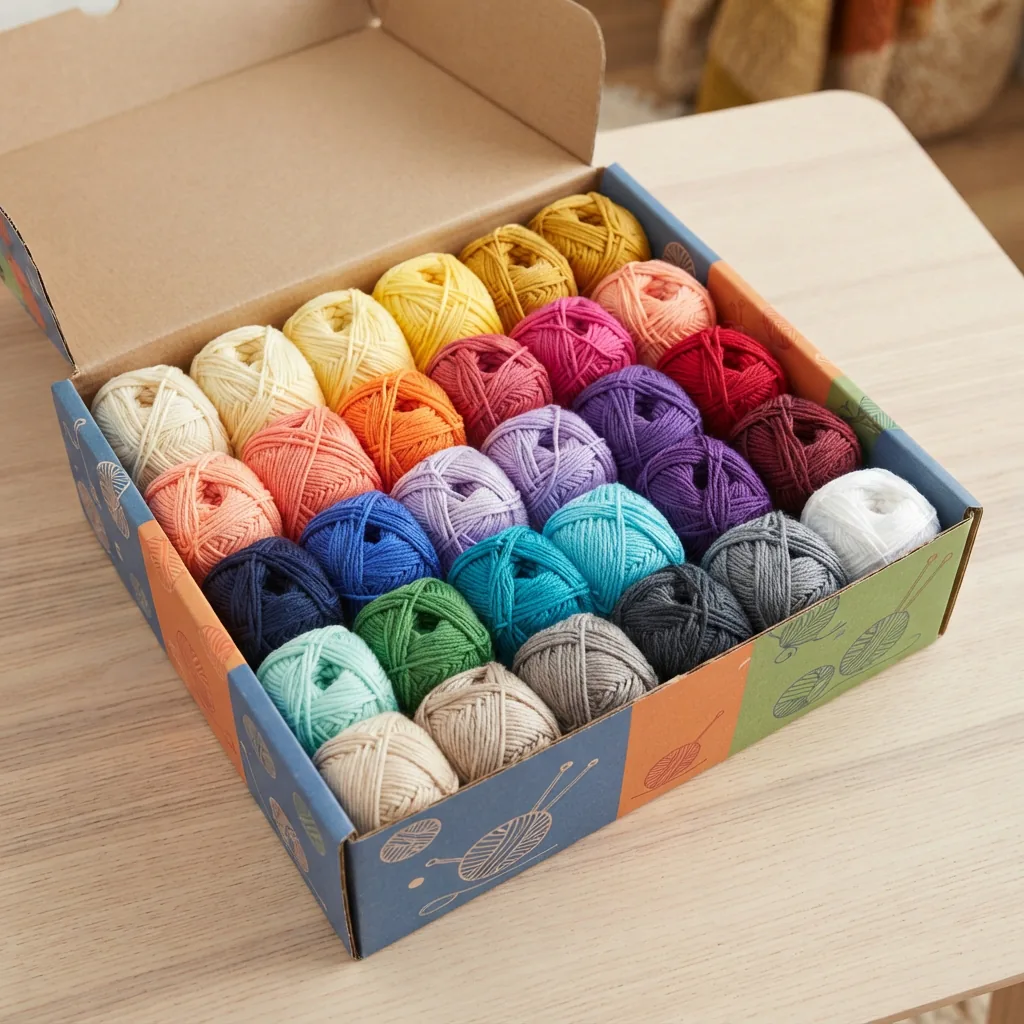 The Loops & Threads Classic Cotton Yarn 18 Pack box, opened to show the variety of colorful yarn skeins inside.