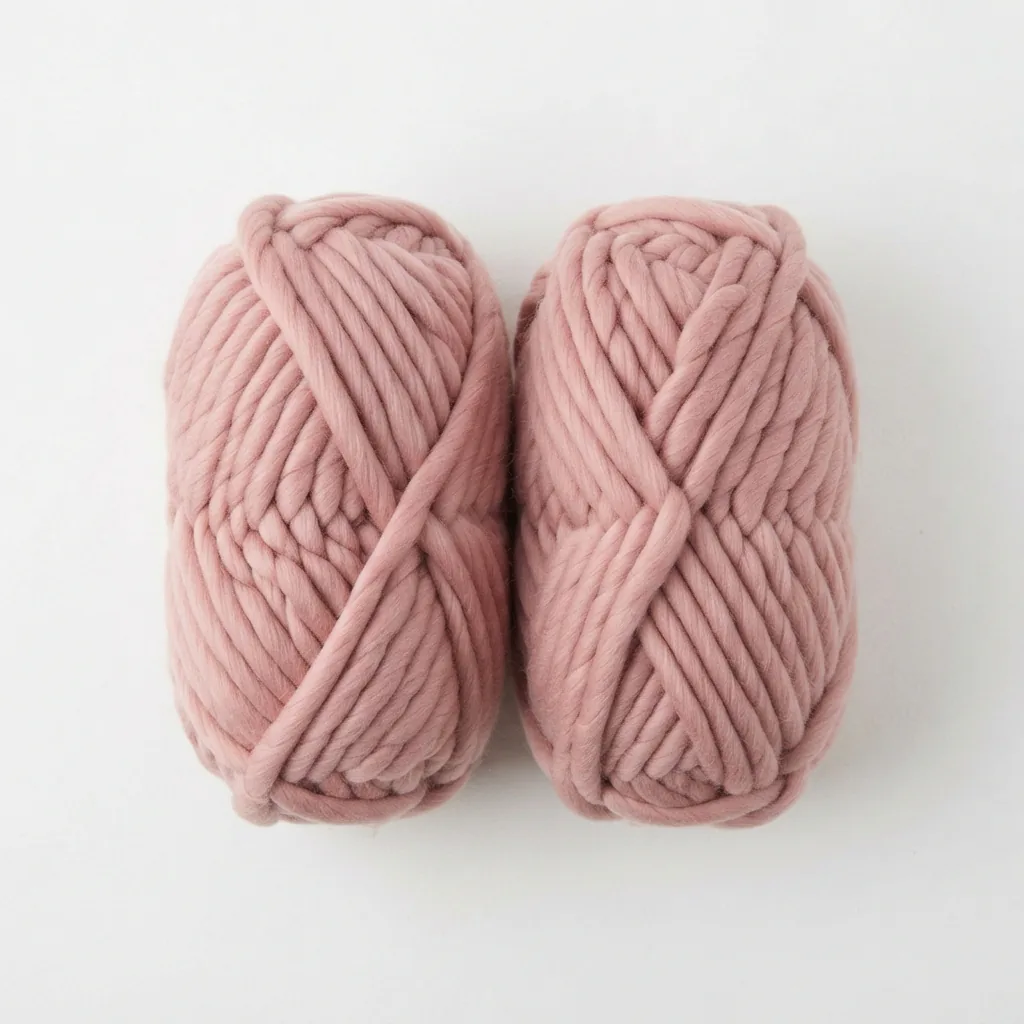 Two large skeins of Loops & Threads Chunky Luxe Big Yarn in a dusty pink color.